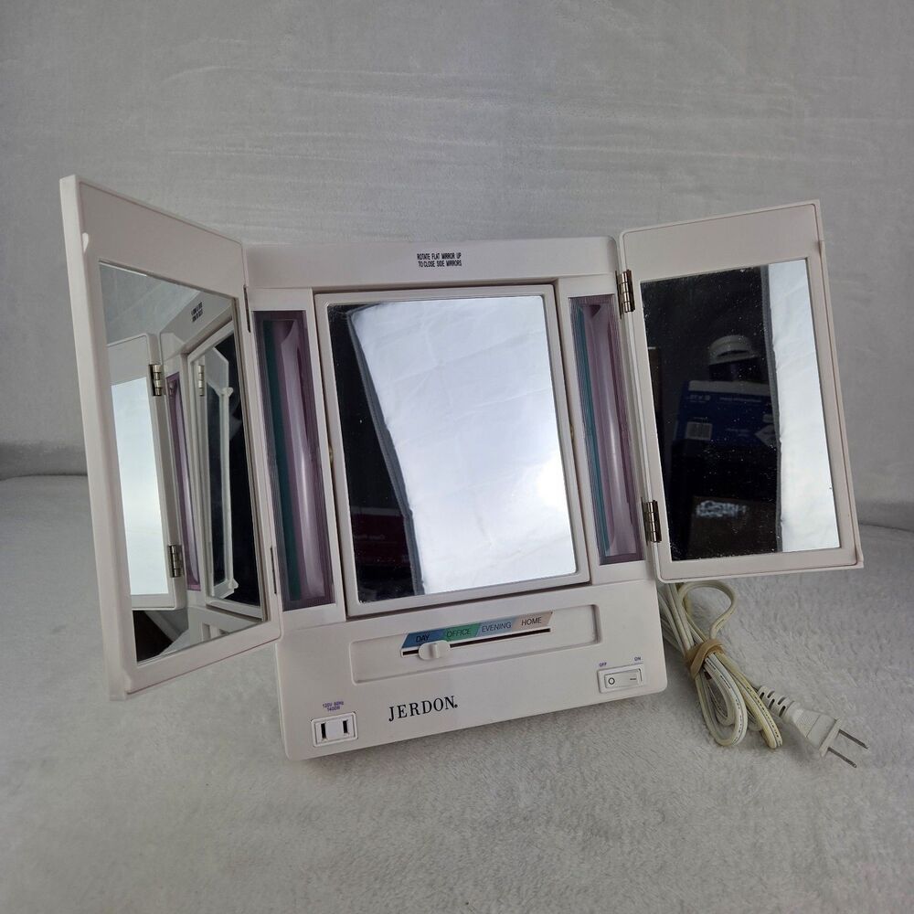 Vintage Jerdon JGL9W Tri Fold Two Sided Lighted White Makeup Mirror Tested Works